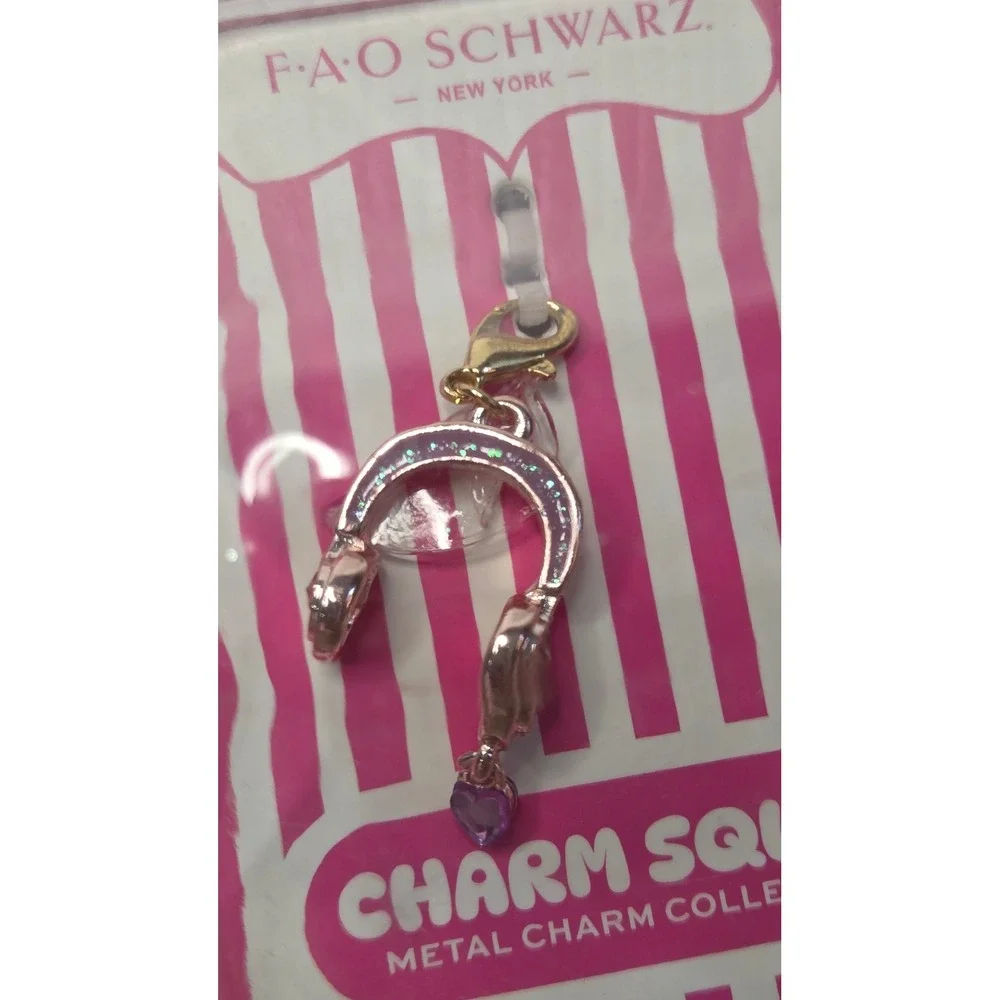 FAO Schwarz Charm Squad Gold Tone Necklace & 2 Metal Charms Microphone Headphone